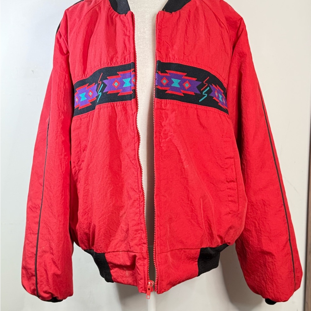 Vintage Red Bomber Jacket with Tribal Pattern